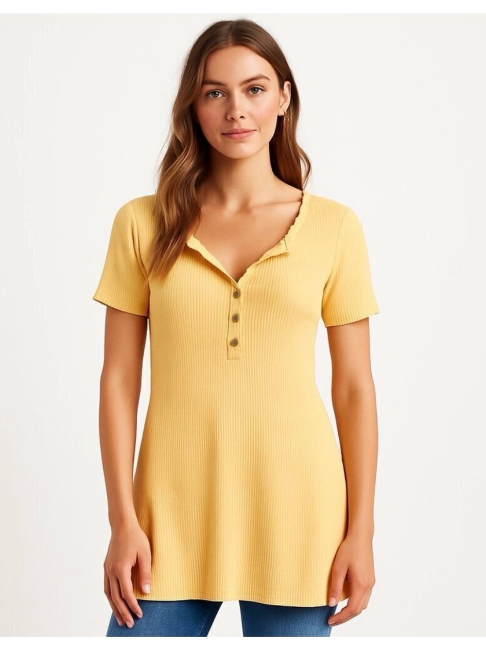 Free People Ribbed Henley Short Sleeve Tunic Top Yellow